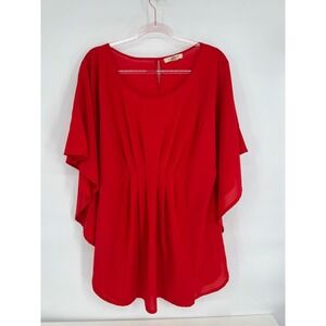 LA Los Angeles Red Tunic Top Blouse Flowy Flutter Sleeve Casual L